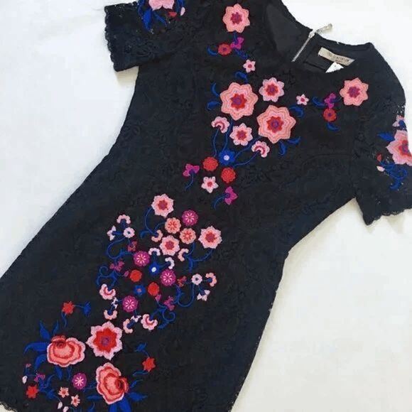 Free Generation Mini Dress Black Pink Lace Small Floral LBD Embroidery Unique S - Picture 1 of 6